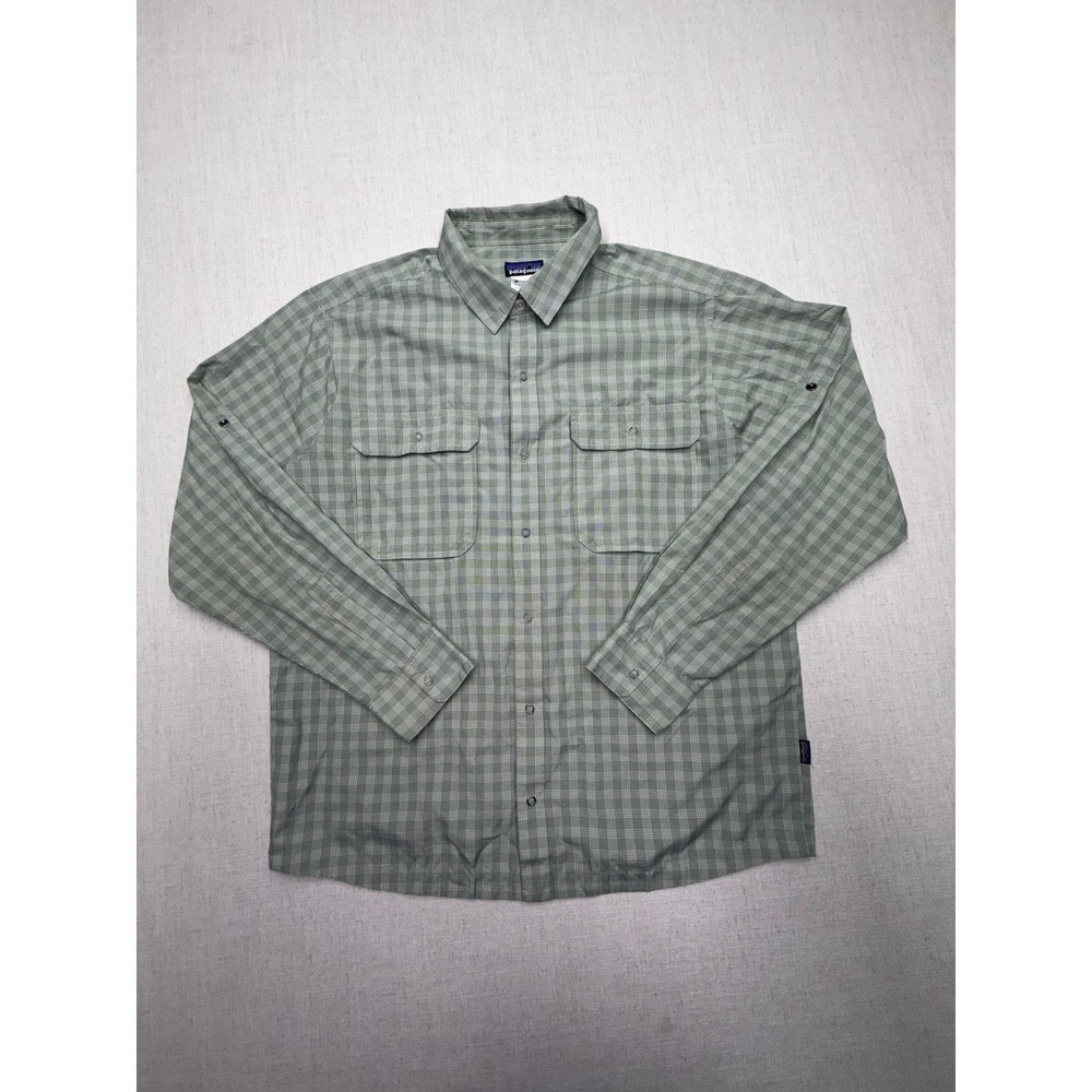 Patagonia Mens Sol Patrol Long Sleeve Shirt Green Plaid Vented Fishing Large